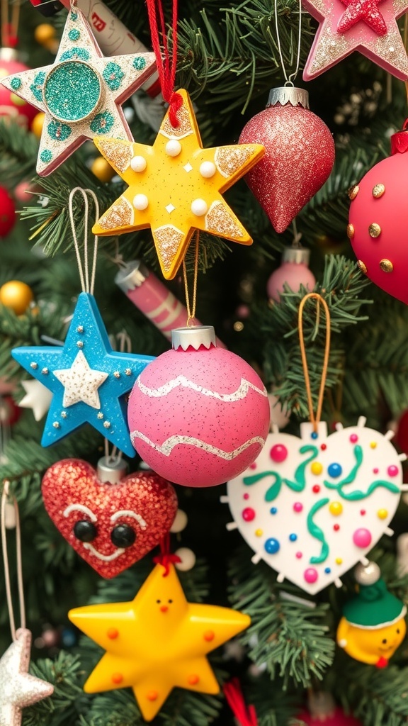 Handmade Christmas ornaments in various shapes hanging on a decorated tree.